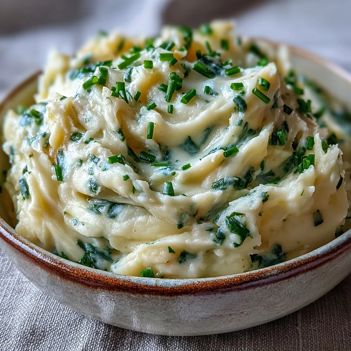 Creamy Potato Leek Soup with fresh chives and a swirl of cream in a rustic bowl.