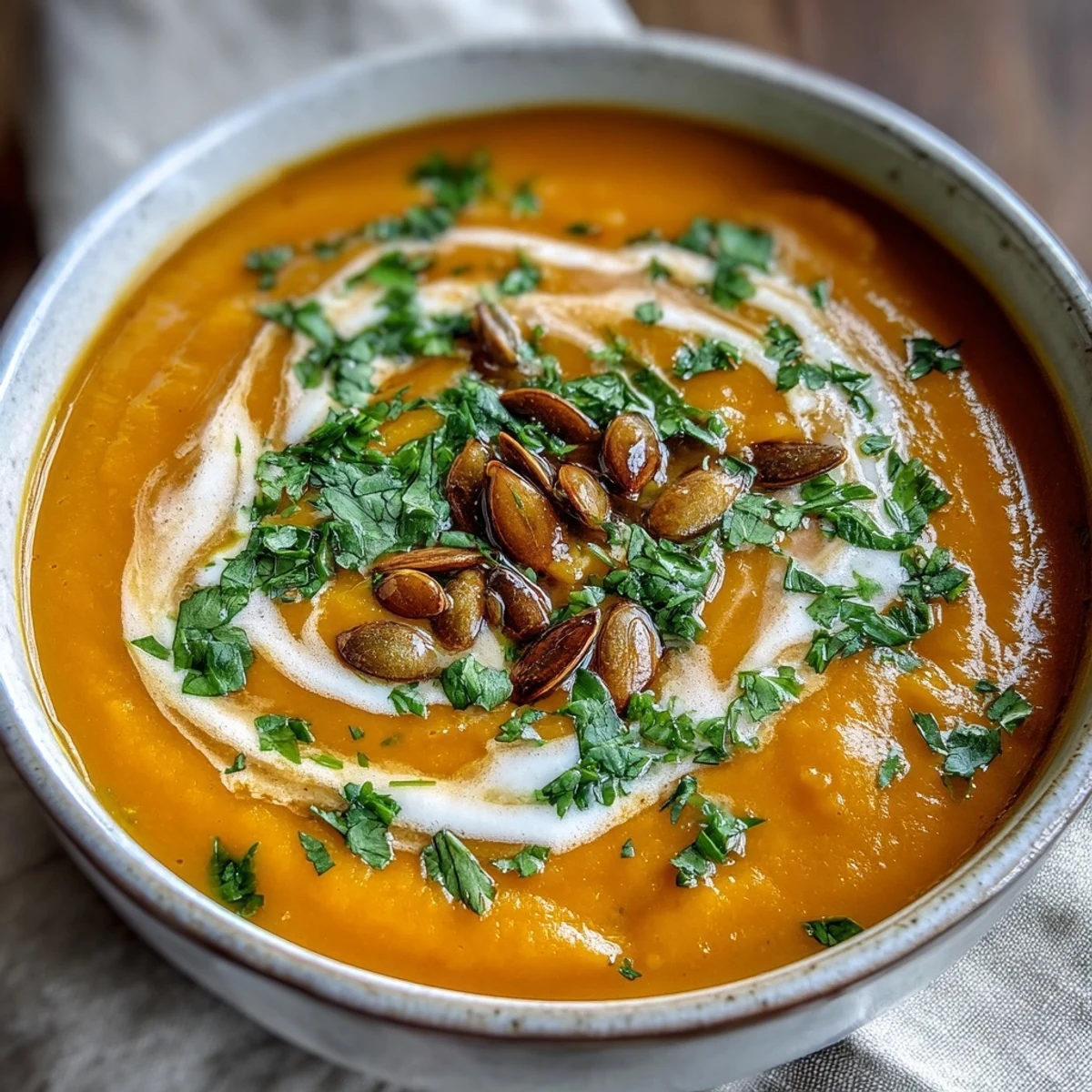 Vibrant orange Carrot Ginger Soup served hot in a rustic bowl, topped with toasted pumpkin seeds for extra crunch.