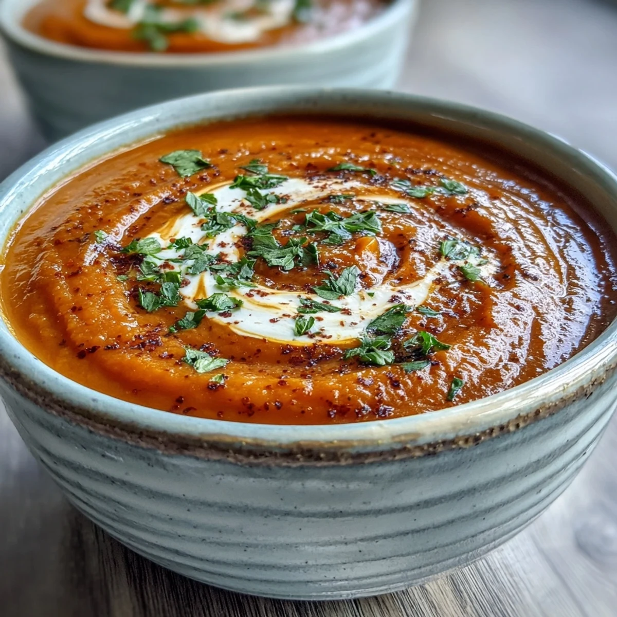 A warm bowl of Carrot and Lentil Soup garnished with fresh cilantro and a swirl of coconut cream, served beside crusty bread.