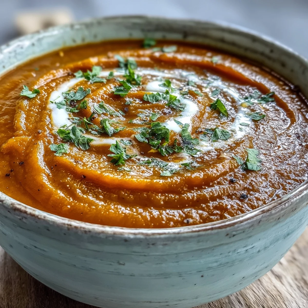 Close-up of creamy Carrot and Lentil Soup in a rustic bowl, highlighting the vibrant orange hue and tender lentils.