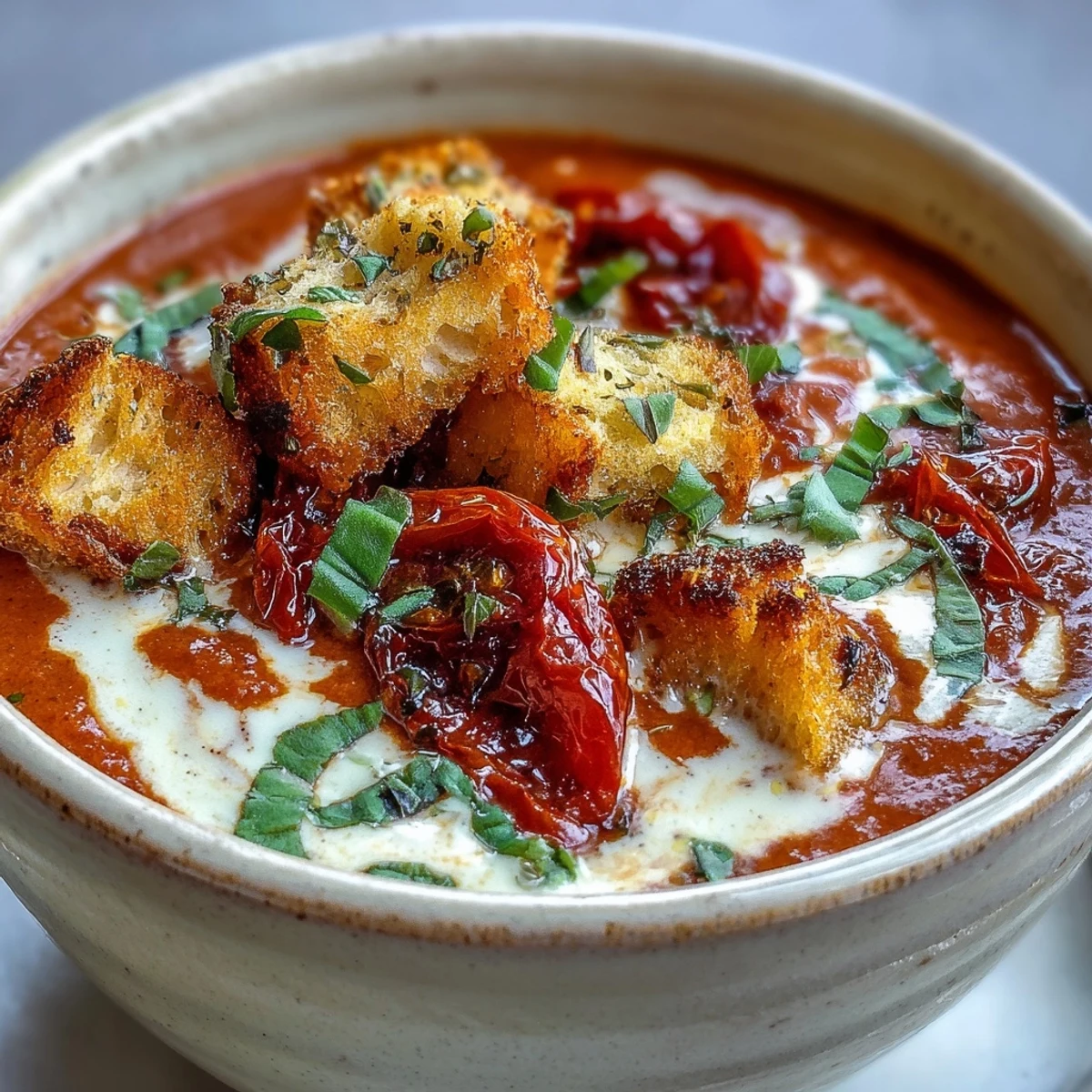 A bowl of creamy roasted tomato soup with a swirl of cream and crunchy homemade croutons, topped with fresh basil.