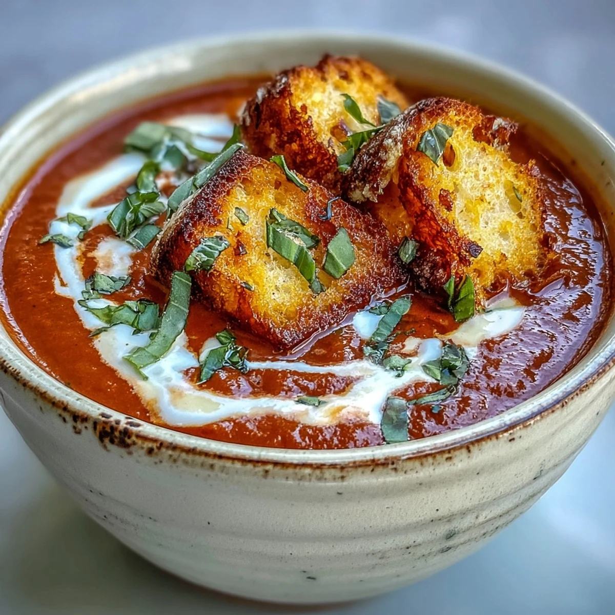 Creamy roasted tomato soup garnished with golden croutons and basil, served warm in a rustic white bowl.