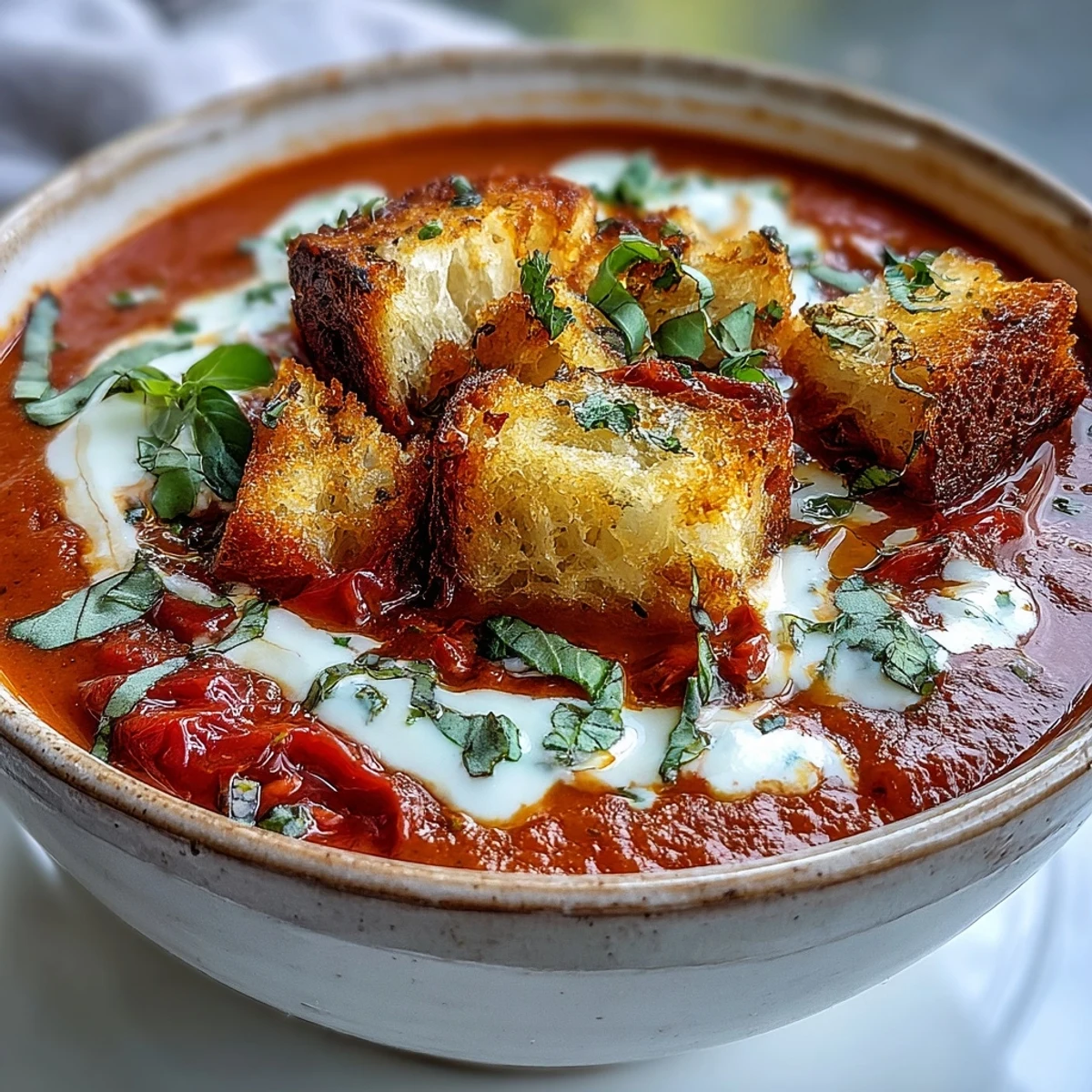 Rich and velvety roasted tomato soup, finished with cream and fresh basil, perfect with a grilled cheese.