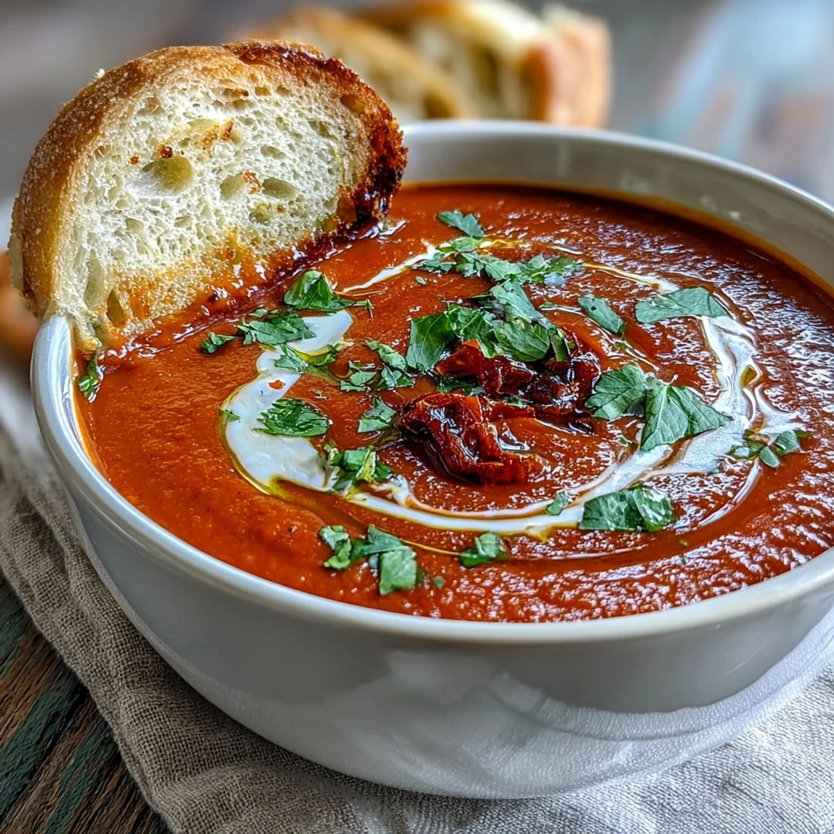 Charred roasted red peppers and creamy garlic blended into a smooth, vibrant Roasted Red Pepper Soup in a rustic bowl. 