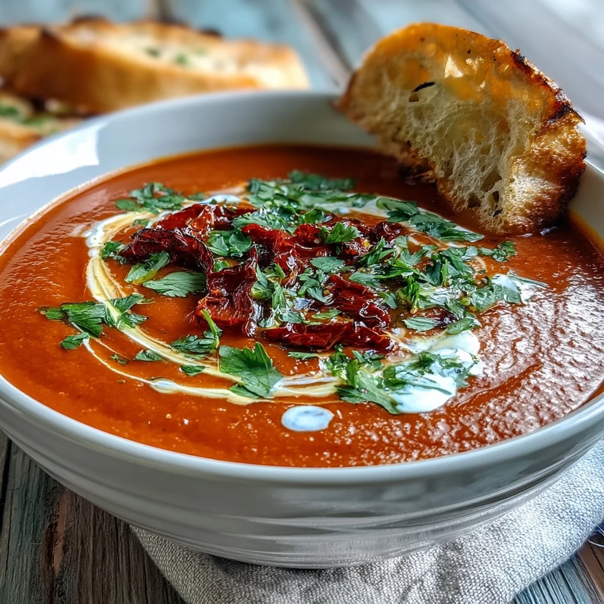 A ladle pours smooth, spicy Roasted Red Pepper Soup into a bowl, showing off its rich, red-orange color and steam.