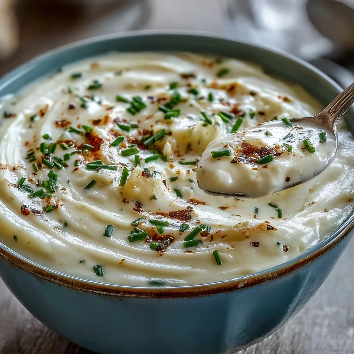 Cream of Potato Soup in a rustic bowl, topped with cheddar, bacon, and chives on a cozy winter table.