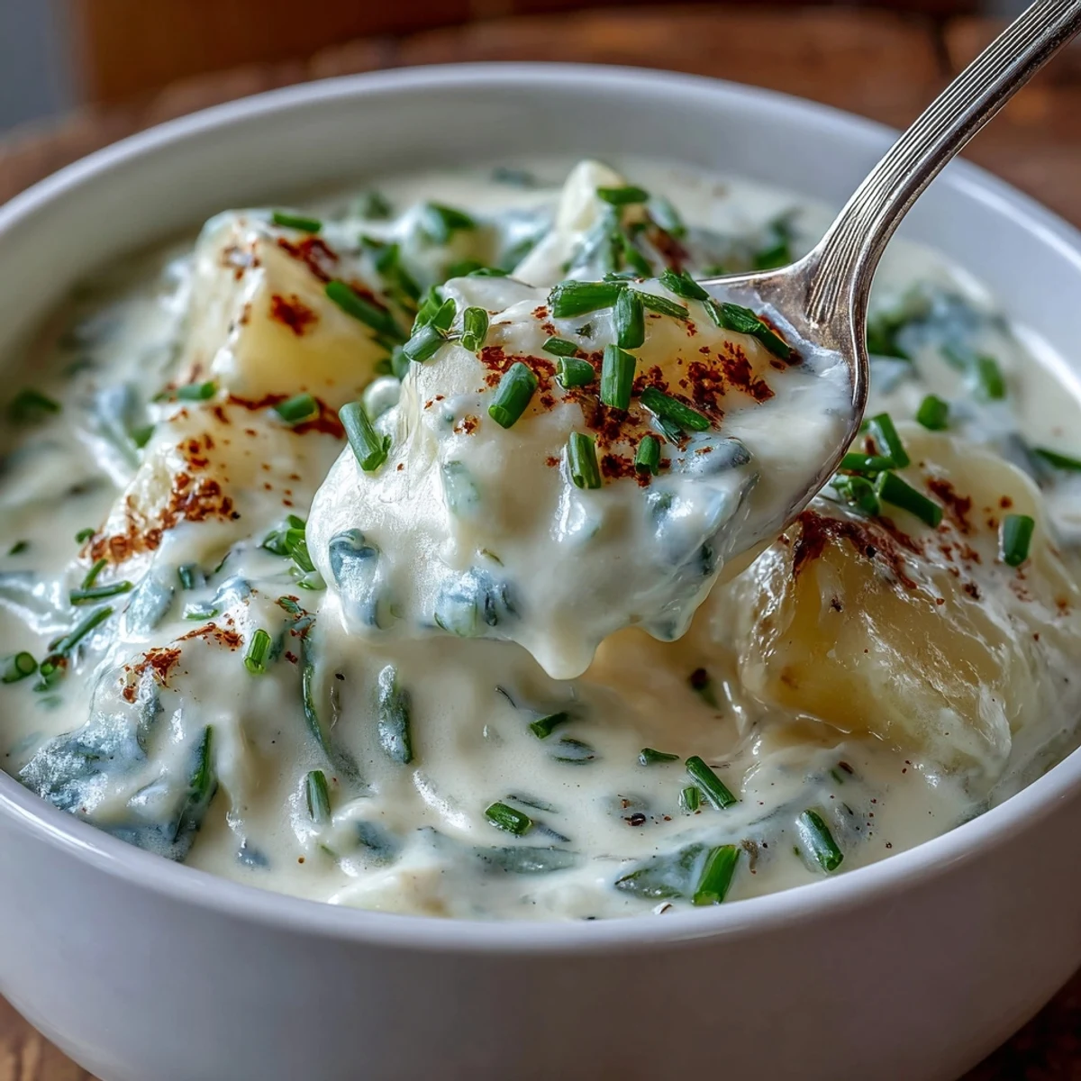 Rustic bowl of Cream of Potato Soup garnished with chives and bacon, steaming warmly beside a chunk of bread.