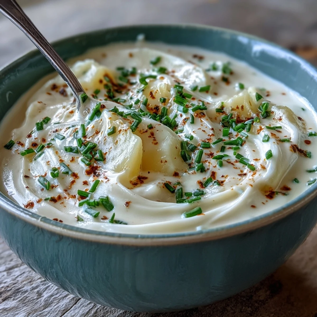 Velvety homemade Cream of Potato Soup with a swirl of cream and fresh parsley, served with crusty bread.