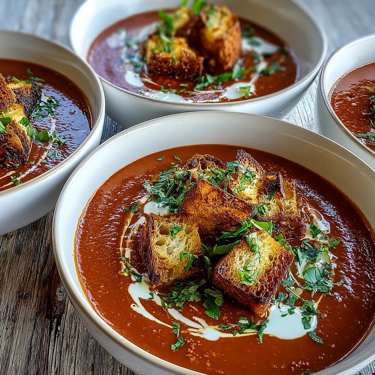 Roasted Red Pepper Soup With Crispy Croutons served in a rustic white bowl, garnished with fresh parsley and a swirl of cream. The golden, crunchy croutons add texture to the velvety red soup.
