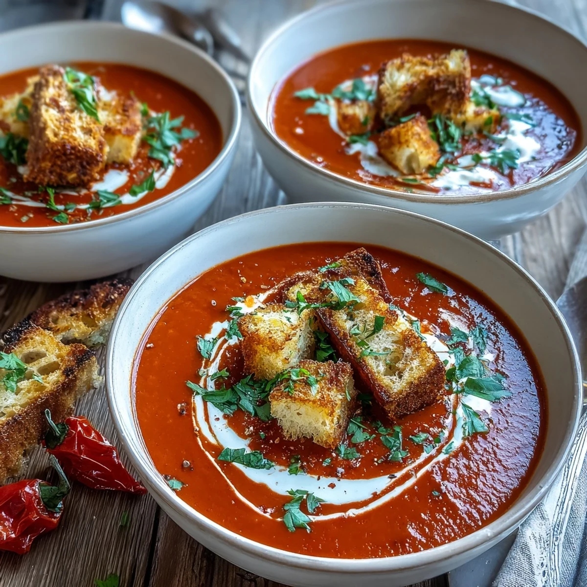 A top-down view of Roasted Red Pepper Soup With Crispy Croutons, featuring homemade croutons and fresh herbs. The vibrant orange puree sits in a dark ceramic bowl, perfect for a cozy lunch.