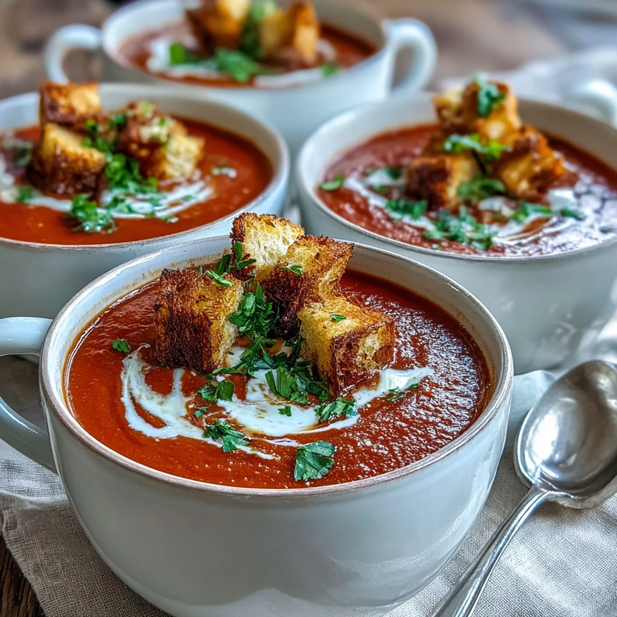Roasted Red Pepper Soup With Crispy Croutons