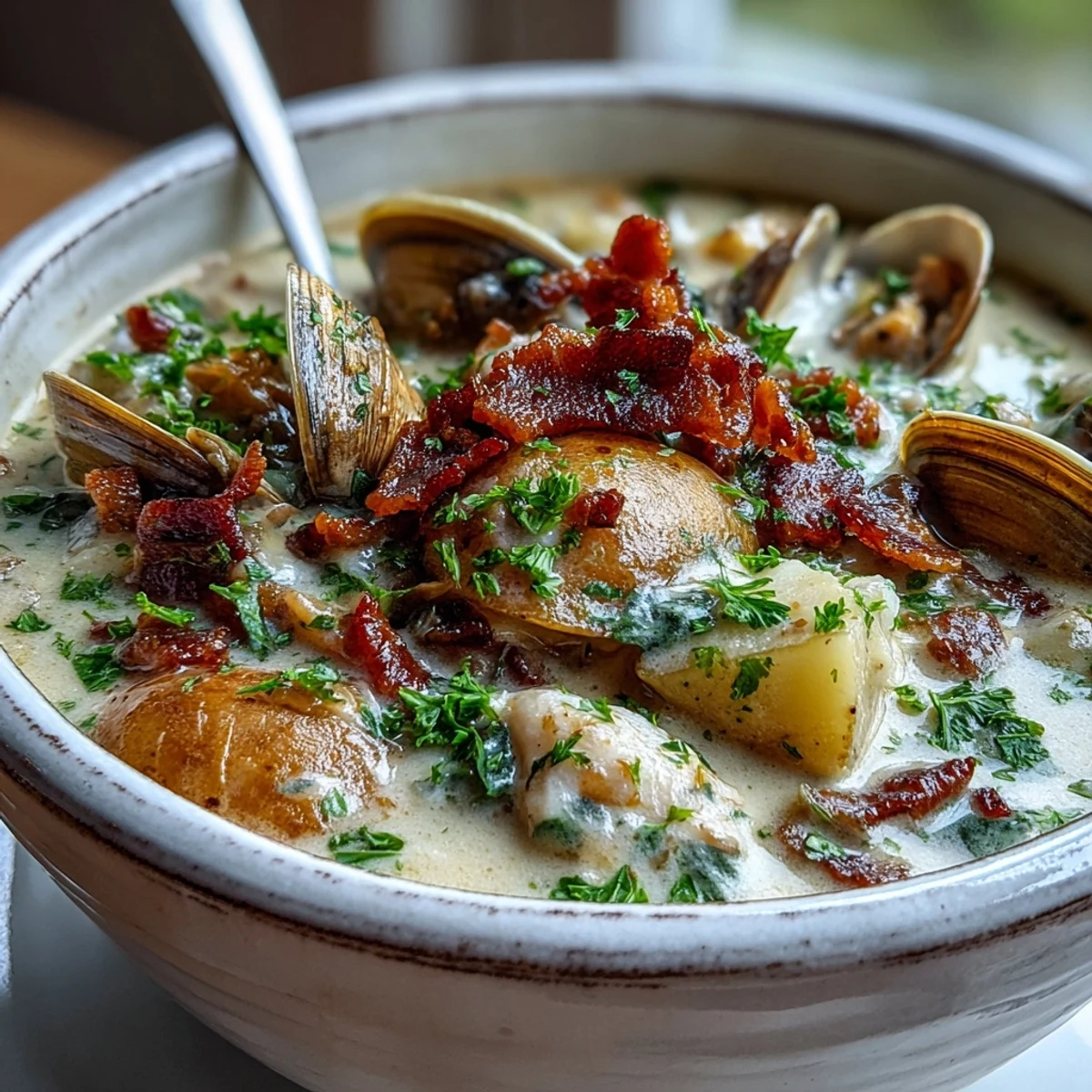 A ladle of rich New England Clam Chowder over potatoes and tender clams, perfect for a cozy winter meal.