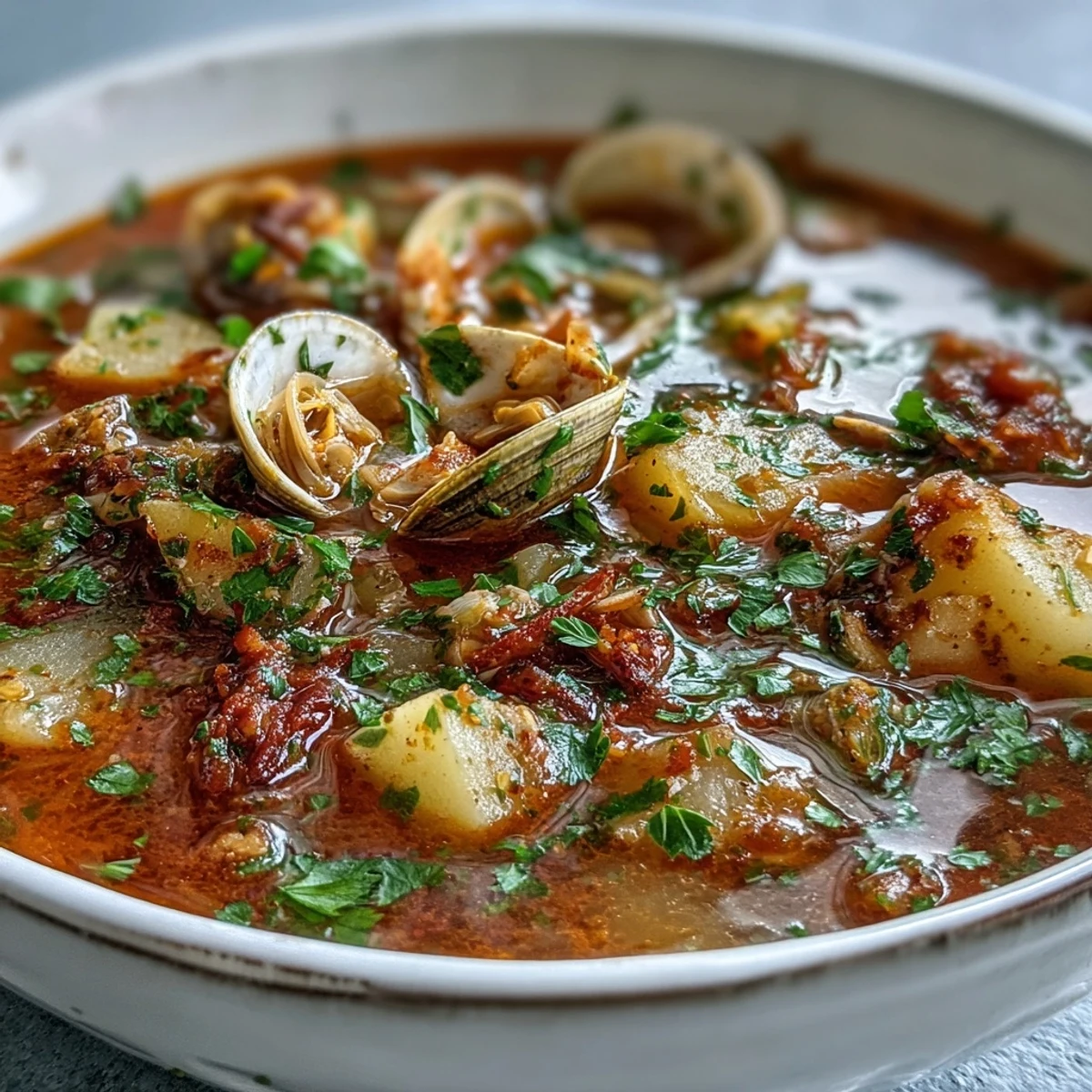 Steaming Manhattan Clam Chowder with tender clams, red potatoes, and aromatic vegetables in a rich tomato broth.
