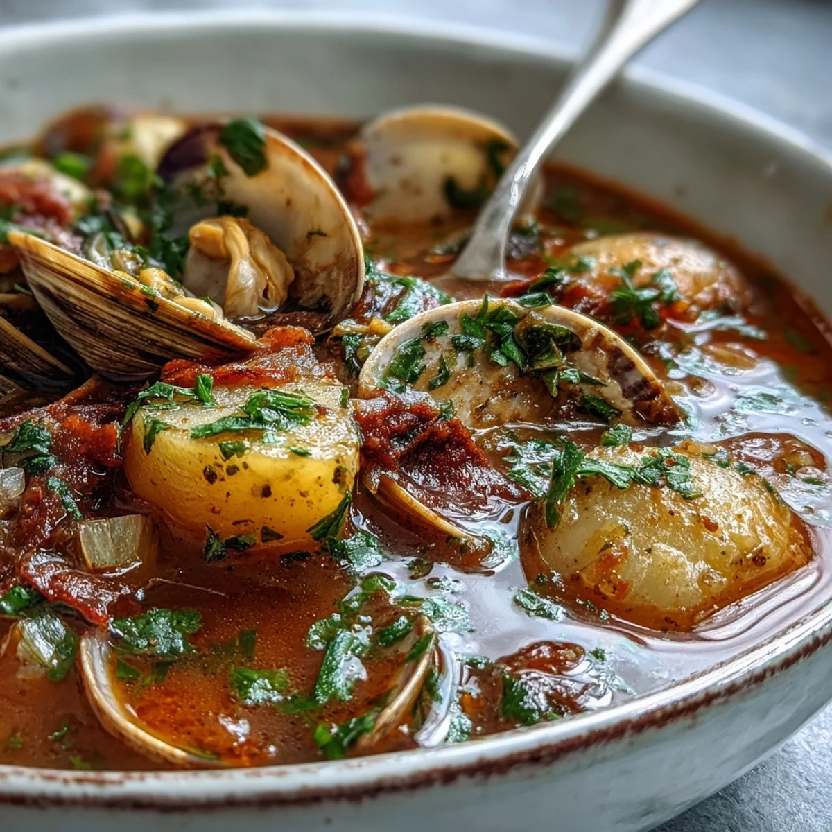 A hearty bowl of Manhattan Clam Chowder with diced carrots, celery, and clams simmered in a vibrant red broth.
