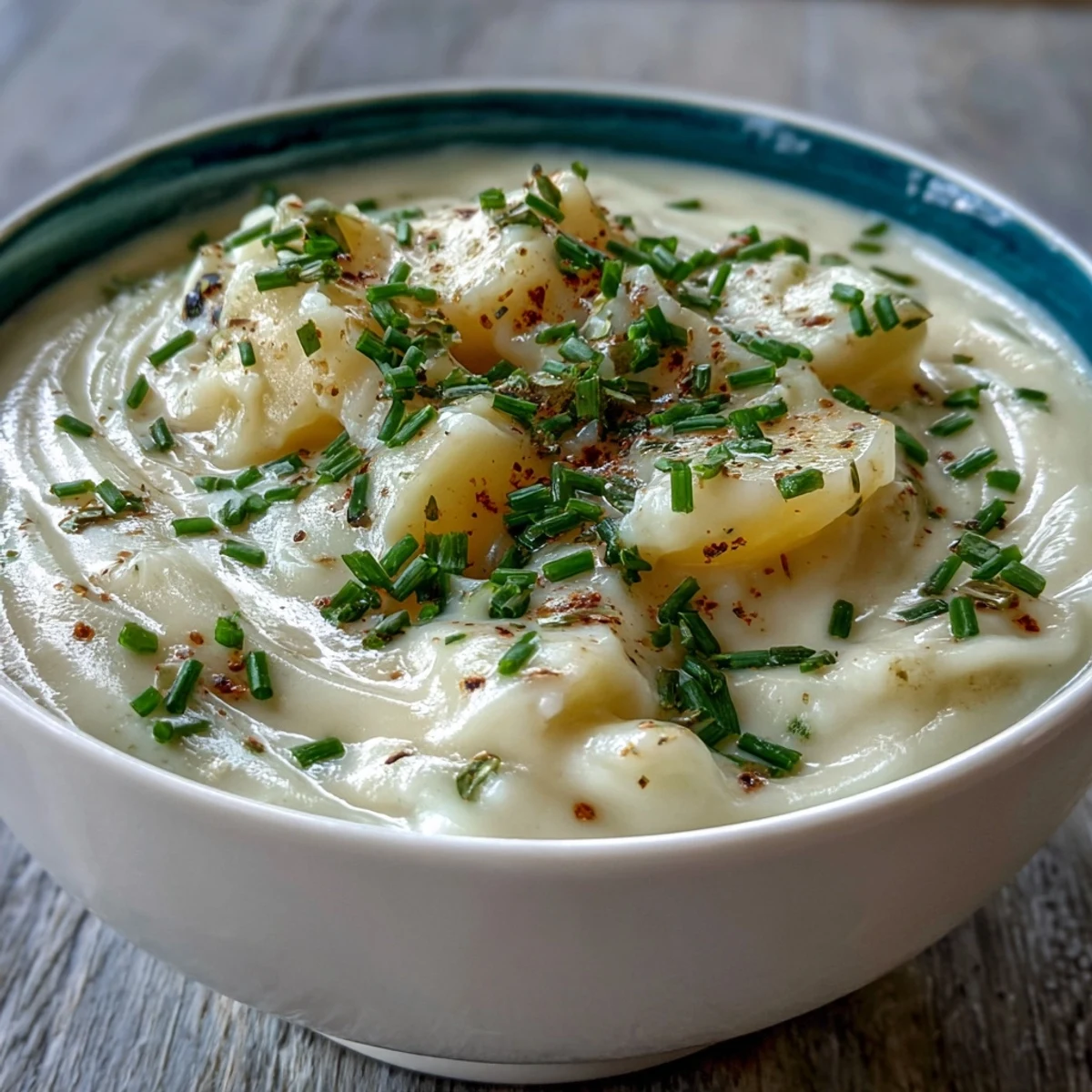 Creamy potato leek soup in a rustic bowl, garnished with fresh chives and a swirl of cream for a comforting French-inspired dinner.