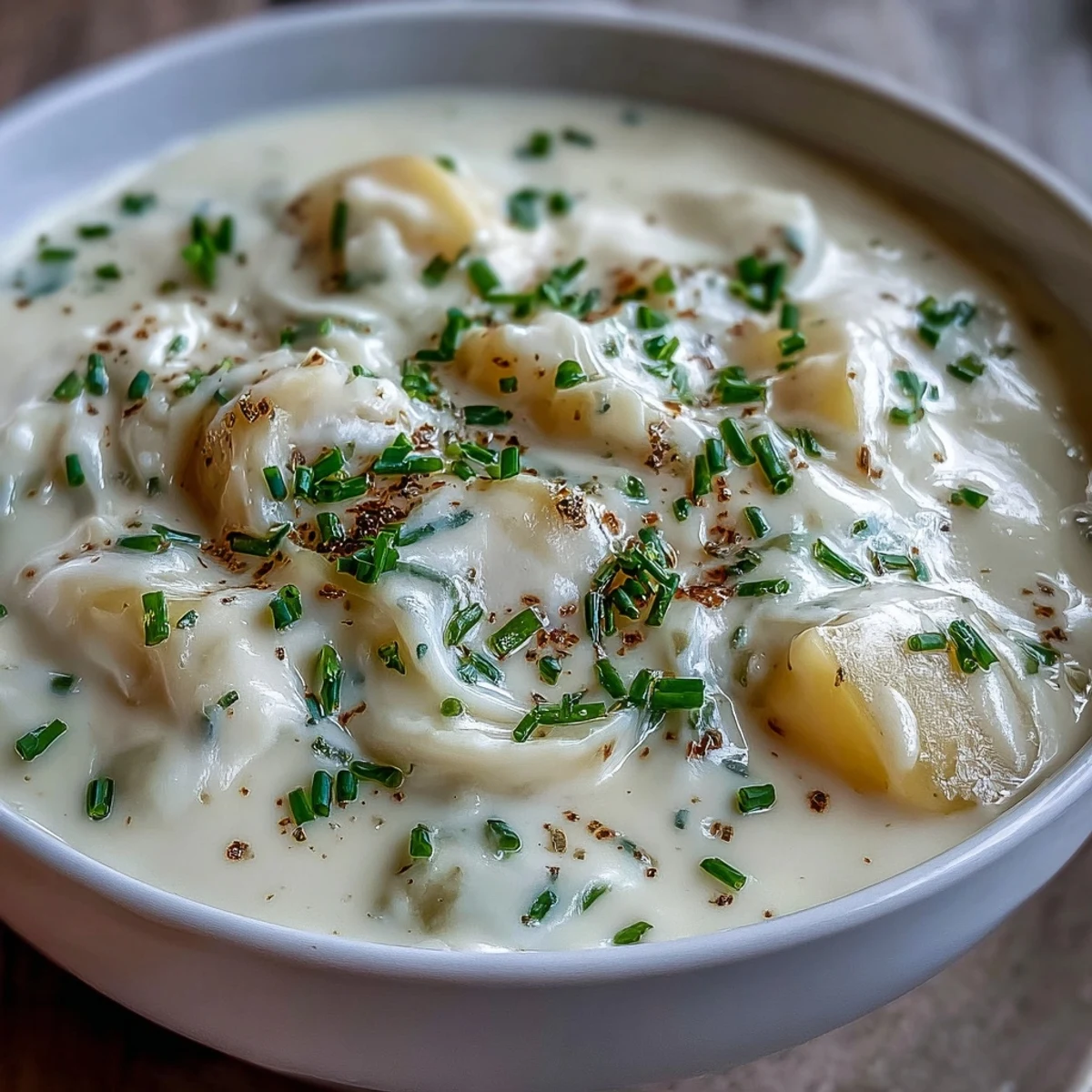 Ladle serving a rich, velvety potato leek soup into a bowl, with lemon wedges and a glass of white wine nearby for pairing.