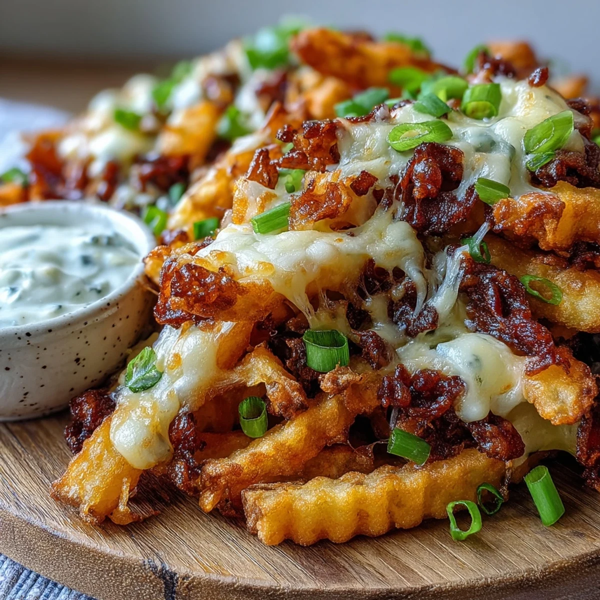 Golden crispy baked fries tossed in smoky BBQ seasoning, smothered with melted cheddar cheese and topped with fresh green onions.