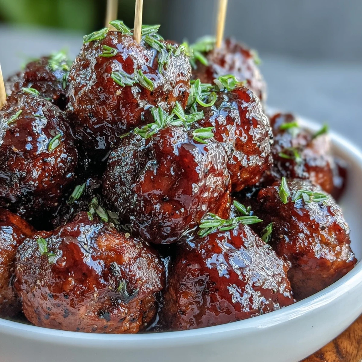 Savory beef meatballs in sticky grape jelly chili sauce, ready to serve on a platter with toothpicks for game day.  