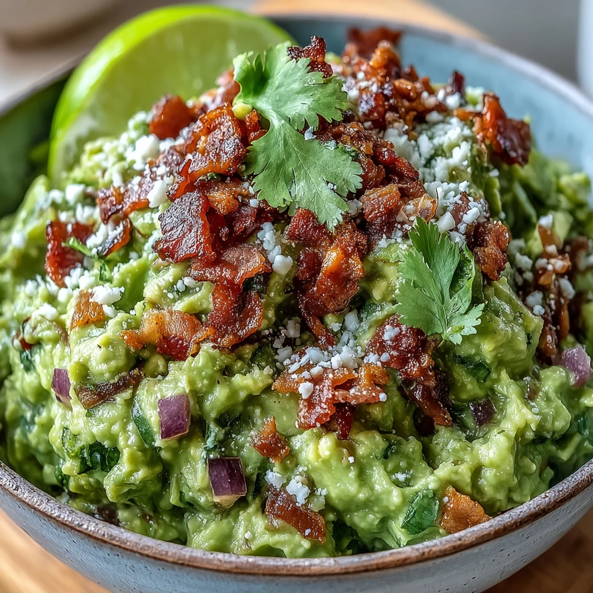 Close-up of Bacon Guacamole With Cotija Cheese showing rich green avocado, red tomato bits, and white Cotija crumbles, ready for a festive appetizer spread.