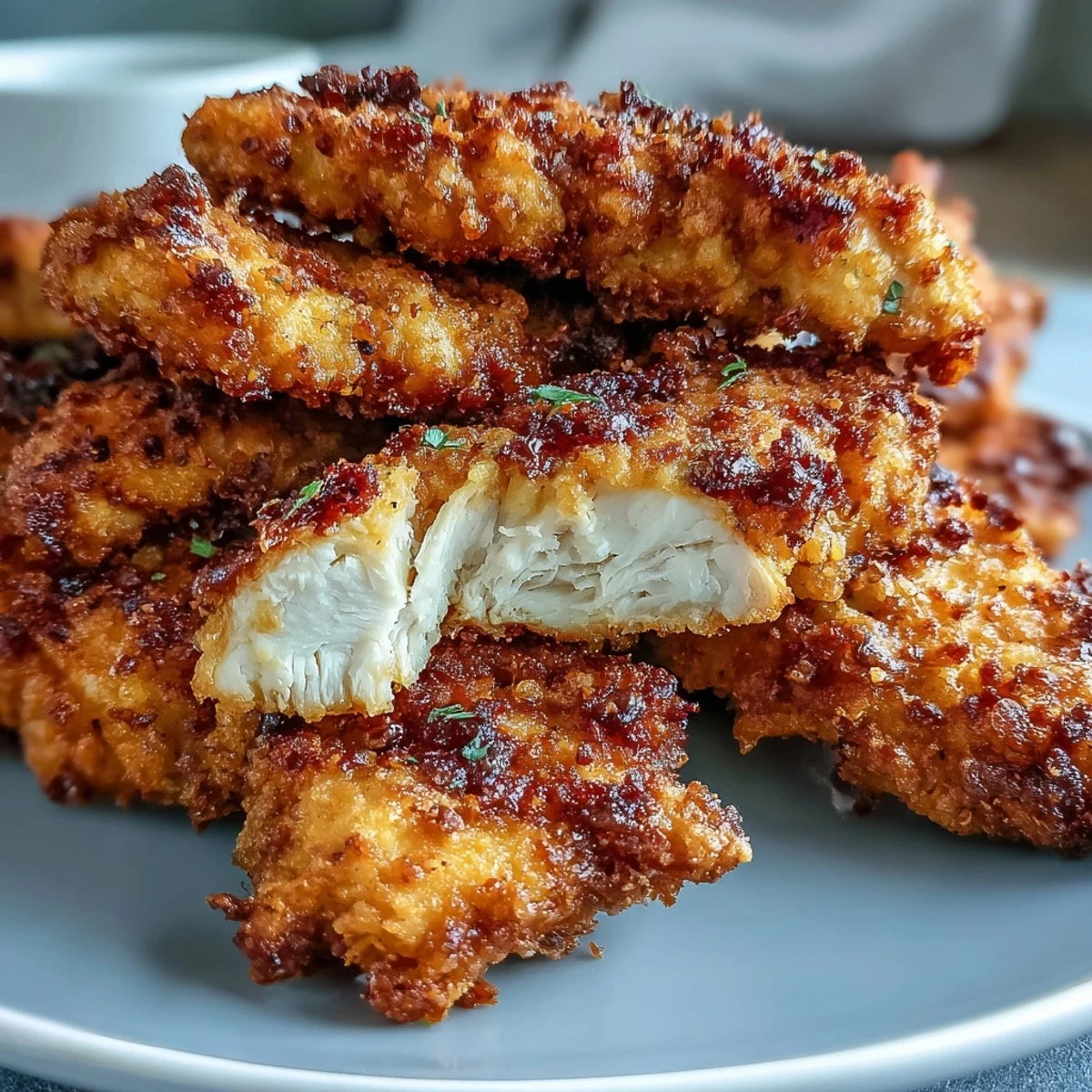 Golden brown Air Fryer Chicken Strips on a plate with ranch and ketchup, crispy coating visible.