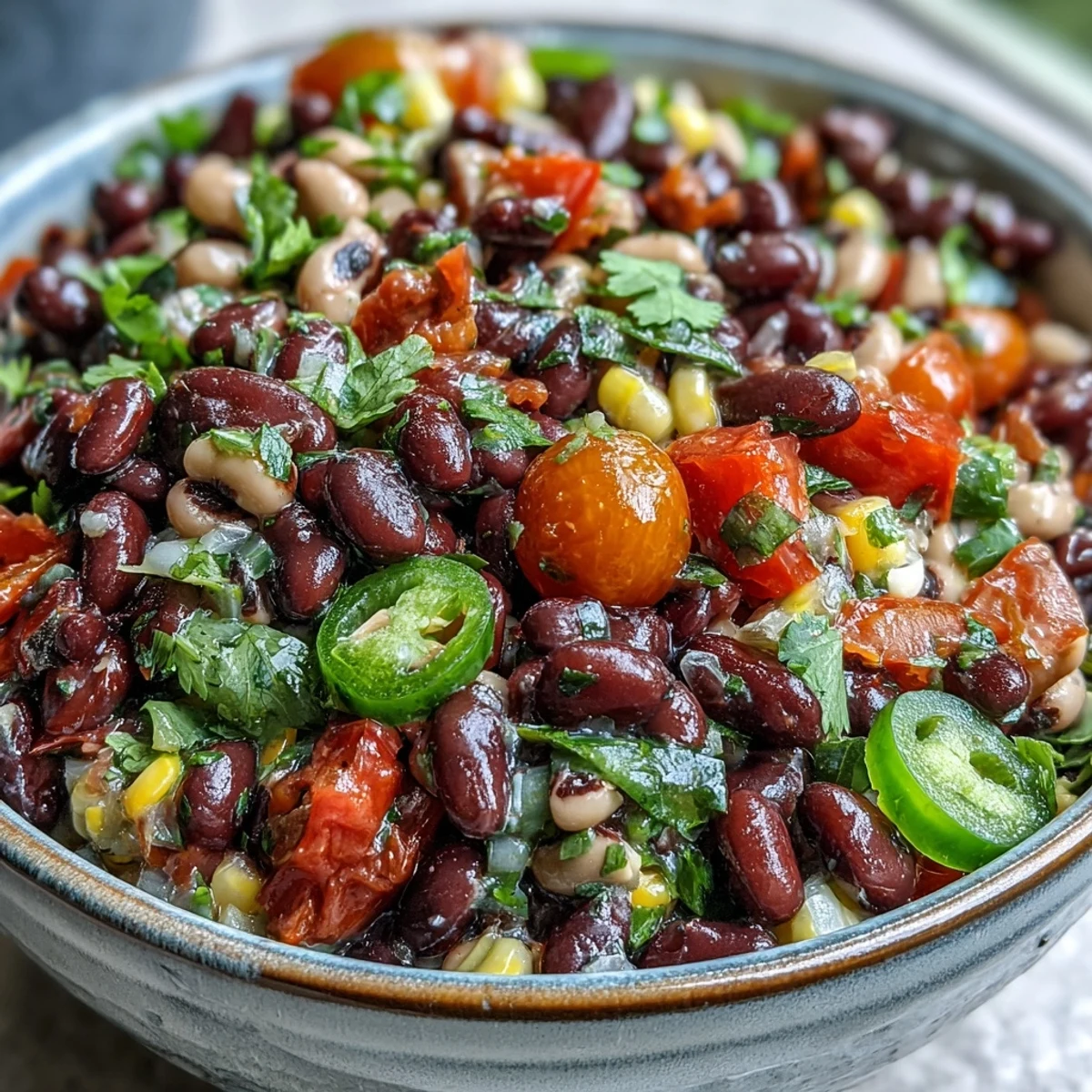 A bowl of vibrant Cowboy Caviar featuring black beans, corn, and red bell peppers tossed in a zesty lime dressing, served with crisp tortilla chips.  