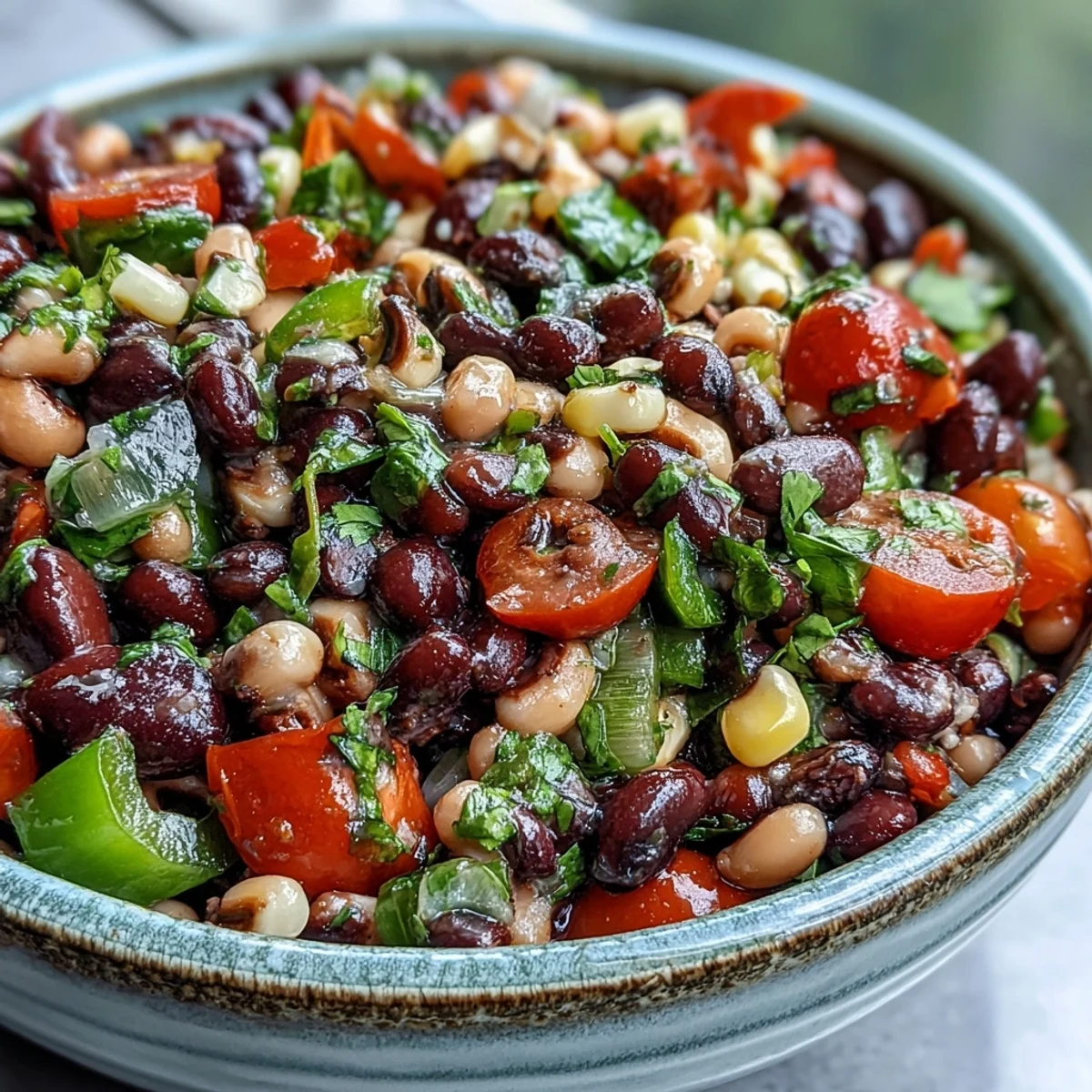 Hearty Cowboy Caviar with black-eyed peas, tomatoes, and onions, ready to enjoy chilled as a zesty party appetizer or taco topping.