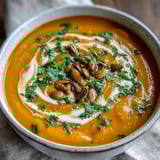 Vibrant orange Carrot Ginger Soup served hot in a rustic bowl, topped with toasted pumpkin seeds for extra crunch.