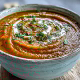 Close-up of creamy Carrot and Lentil Soup in a rustic bowl, highlighting the vibrant orange hue and tender lentils.
