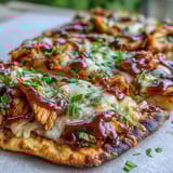 Crispy BBQ chicken flatbread pizza with smoky sauce, melty cheese, and colorful veggies for a flavorful weeknight dinner.  