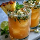 A vibrant glass of pineapple coconut agua fresca with fresh mint and a pineapple wedge on the rim.