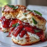 Fluffy Strawberry Basil Shortcake Biscuits, ready to be devoured with fresh fruit.