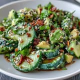 Creamy smashed cucumber and avocado salad, drizzled with sesame dressing, ready to serve.