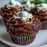 Moist chocolate cupcakes decorated as adorable bird nests with colorful candy eggs and shredded coconut.  