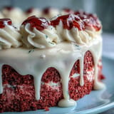 Luscious pink Rosé Velvet Cake adorned with creamy frosting and artisanal gold drip.