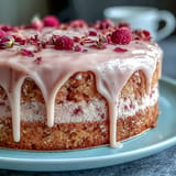 Luxurious pink velvet cake with rosé and edible gold drip for parties.