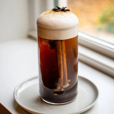 Chilled homemade iced chai with cold foam, swirled and ready to enjoy on a hot afternoon.
