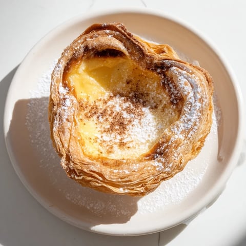 Golden-brown Portuguese egg tarts, a perfect dessert, dusted with cinnamon and powdered sugar.