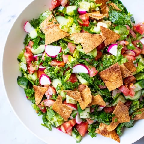 Vibrant Lebanese Fattoush salad with crispy pita, fresh herbs and a bright sumac dressing.