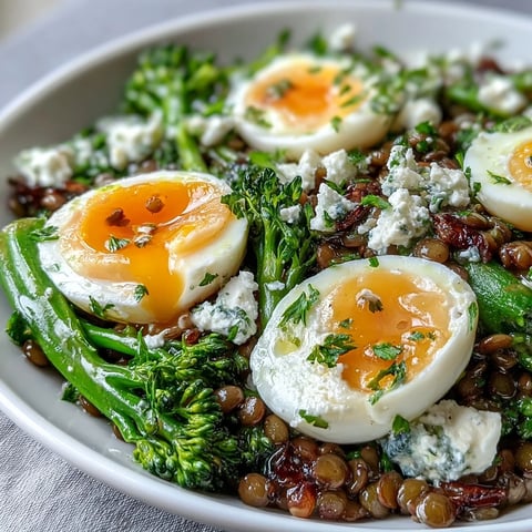 French Lentil Salad topped with jammy eggs, vibrant broccolini, and fresh parsley.
