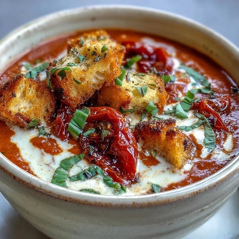 A bowl of creamy roasted tomato soup with a swirl of cream and crunchy homemade croutons, topped with fresh basil.
