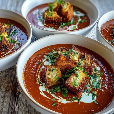 Roasted Red Pepper Soup With Crispy Croutons served in a rustic white bowl, garnished with fresh parsley and a swirl of cream. The golden, crunchy croutons add texture to the velvety red soup.
