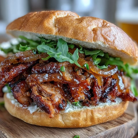 Slow-cooked Applesauce Pulled Pork Sandwiches piled high on a soft bun with a drizzle of tangy sauce.  