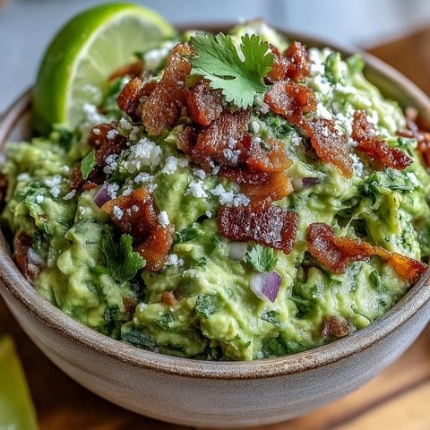 Creamy avocado mash studded with crispy bacon crumbles and tangy Cotija cheese, garnished with fresh cilantro and lime wedges for a bold, smoky dip.