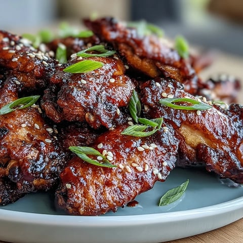 Sticky Coca Cola Chicken Wings glisten with a glossy, caramelized glaze on a white plate, garnished with green scallions and sesame seeds.  