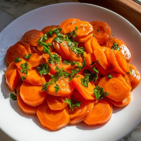 Golden Honey-Glazed Carrots glistening, a beautiful side, tossed in a pan with butter and honey.