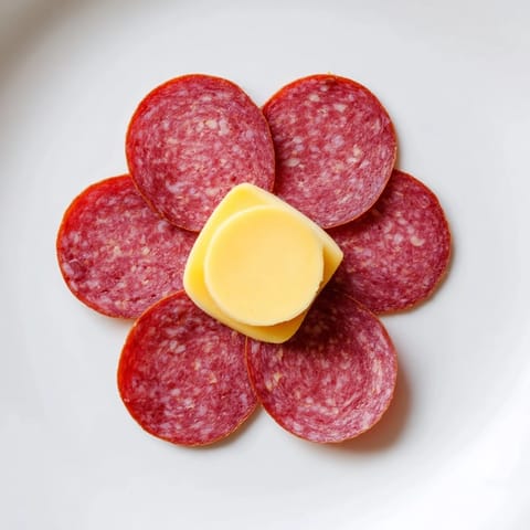 This simple, elegant Tudor Rose appetizer showcases salami arranged around a bright cheese "button."