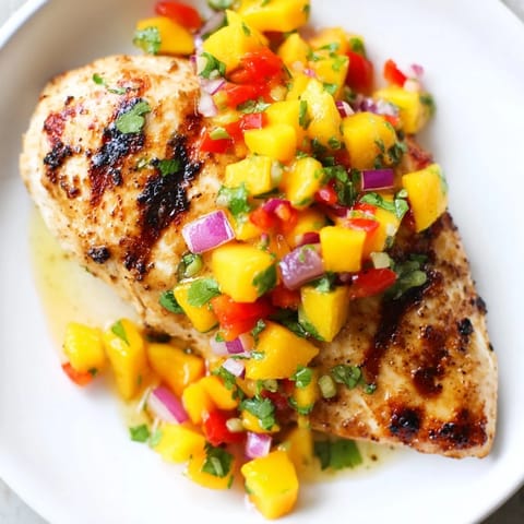 A close-up shot of grilled Mango Salsa Chicken, bursting with colorful, fresh mango salsa.