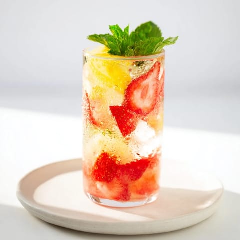 Bright red and yellow homemade fruit refresher drinks garnished with fresh mint and fruit slices.
