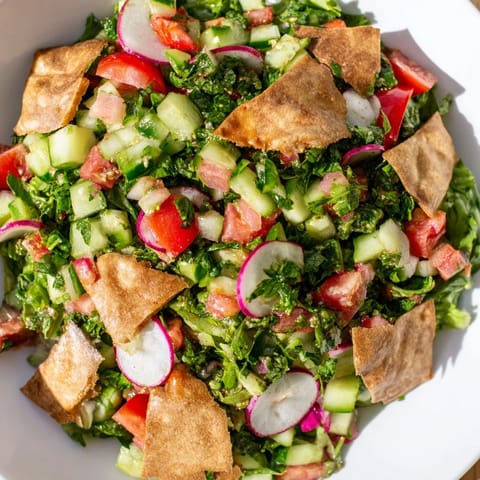 Close-up of a colorful Lebanese Fattoush salad, showing juicy tomatoes and crunchy pita chips.
