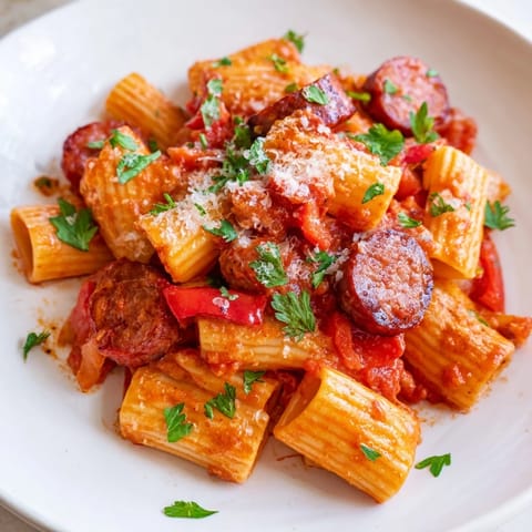 This photo features delicious Spanish Chorizo Pasta, ready to serve with fresh parsley and cheese.
